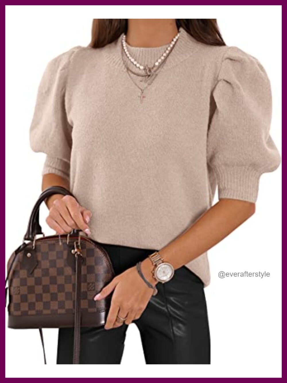 Puff Short Sleeve Knit Sweater Top Crew Neck Casual Womens Blouse